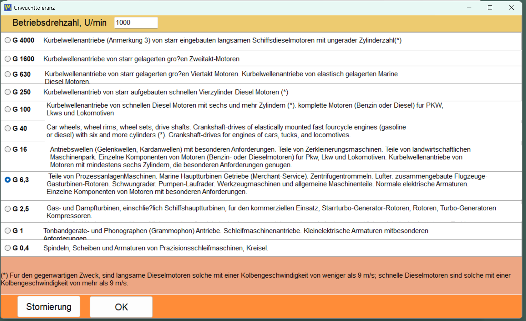 Ergebnisfenster des Toleranzrechners mit berechneter zulässiger Restunwucht.